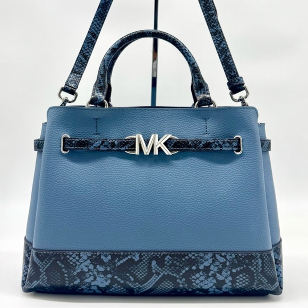 Michael Kors Large Reed Leather Belted Satchel Crossbody Bag Denim Snakeskin